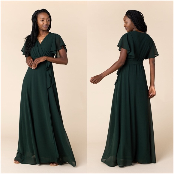 CALLED TO SURF Arbor Naples Flutter Sleeve Wrap Dress In Forest Green - Picture 1 of 7